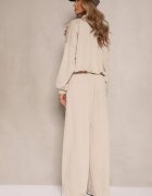pretty Set de trening Bej închis din Viscoză Pantaloni cu croială largă și Bluză cu broșă Redaella