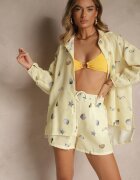 pretty Set Galben din Viscoză Cămașă și Pantaloni scurți cu Imprimeu Marin Reisoria