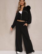 pretty Set Trening Negru cu Viscoză Pantaloni cu Croială Largă și Bluză cu Broșă Redaella