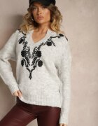  Pulover Gri cu Lână și Model Metalic Floral Senithea
