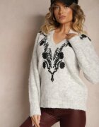  Pulover Gri cu Lână și Model Metalic Floral Senithea