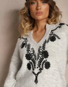  Pulover Gri cu Lână și Model Metalic Floral Senithea