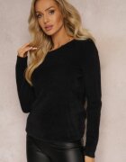  Pulover Negru cu Guler Rotund cu Textură Pufoasă Inosuela