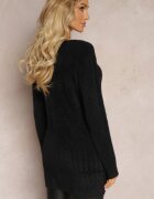  Pulover Negru cu Guler Rotund cu Textură Pufoasă Inosuela