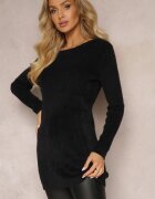  Pulover Negru cu Guler Rotund cu Textură Pufoasă Inosuela