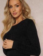  Pulover Negru cu Guler Rotund cu Textură Pufoasă Inosuela