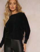 Pulover Negru Pufos cu decolteu rotund și mâneci tip liliac Belinka