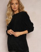  Pulover Negru Pufos cu decolteu rotund și mâneci tip liliac Belinka