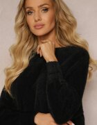  Pulover Negru Pufos cu decolteu rotund și mâneci tip liliac Belinka
