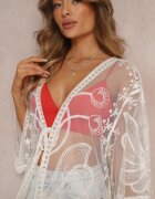 r&f fashion Kimono bej deschis transparent cu broderie și legare în talie Miri