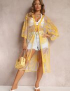 r&f fashion Kimono Galben Transparent cu Broderie și Legătură în Talie Miri