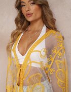 r&f fashion Kimono Galben Transparent cu Broderie și Legătură în Talie Miri