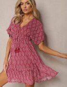 r&f fashion Mini Rochie Roșie cu Volan cu Croială Tip Liliac cu Decolteu Triunghiular și Șireturi Beinnase