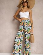 r&f fashion Pantaloni largi albastru-marin și albastru din viscoză cu talie înaltă cu flori cu elastic în talie Dennea