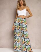 r&f fashion Pantaloni largi albastru-marin și albastru din viscoză cu talie înaltă cu flori cu elastic în talie Dennea