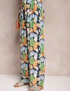 r&f fashion Pantaloni largi albastru-marin și albastru din viscoză cu talie înaltă cu flori cu elastic în talie Dennea