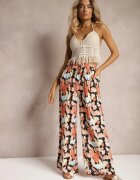 r&f fashion Pantaloni lărgi portocaliu-negru din viscoză cu talie înaltă cu flori cu elastic în talie Dennea