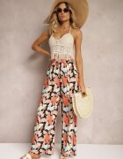 r&f fashion Pantaloni lărgi portocaliu-negru din viscoză cu talie înaltă cu flori cu elastic în talie Dennea
