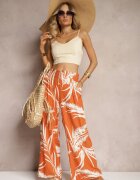 r&f fashion Pantaloni Portocalii Larghi din Viscoză High Waist stil Culottes cu Imprimeu Frunze Vimanelle