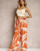 r&f fashion Pantaloni Portocalii Larghi din Viscoză High Waist stil Culottes cu Imprimeu Frunze Vimanelle