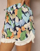 r&f fashion Pantaloni scurți Albastru-Bleumarin Floral din Viscoză Finisați cu Franjuri și Elastic în Talie Cralifea