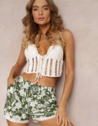 r&f fashion Pantaloni scurți verzi din vâscoză cu flori cu bordură din dantelă și cu elastic în talie Nijah