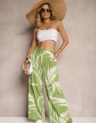 r&f fashion Pantaloni Verde deschis Largi din Viscoză Talie înaltă Croi culottes cu Imprimeu cu frunze Vimanelle