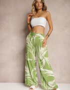r&f fashion Pantaloni Verde deschis Largi din Viscoză Talie înaltă Croi culottes cu Imprimeu cu frunze Vimanelle