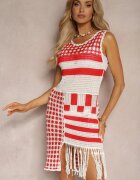 r&f fashion Rochie Albă-Roșie Ajurată din Bumbac fără Mâneci Cophalia