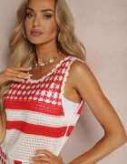 r&f fashion Rochie Albă-Roșie Ajurată din Bumbac fără Mâneci Cophalia
