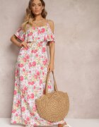 r&f fashion Rochie Albă-Roșie Maxi din bumbac cu flori cu volan Saranna