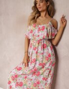 r&f fashion Rochie Albă-Roșie Maxi din bumbac cu flori cu volan Saranna
