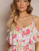 r&f fashion Rochie Albă-Roșie Maxi din bumbac cu flori cu volan Saranna
