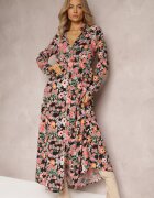 r&f fashion Rochie-cămașă Maxi Negru-Roșie cu mâneci suflecate cu imprimeu floral
