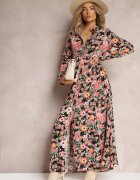 r&f fashion Rochie-cămașă Maxi Negru-Roșie cu mâneci suflecate cu imprimeu floral