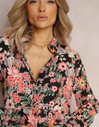 r&f fashion Rochie-cămașă Maxi Negru-Roșie cu mâneci suflecate cu imprimeu floral