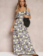 r&f fashion Rochie Maxi Violet-Galbenă din bumbac cu flori și volan Saranna