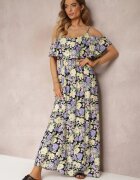 r&f fashion Rochie Maxi Violet-Galbenă din bumbac cu flori și volan Saranna