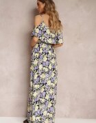 r&f fashion Rochie Maxi Violet-Galbenă din bumbac cu flori și volan Saranna