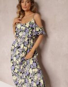 r&f fashion Rochie Maxi Violet-Galbenă din bumbac cu flori și volan Saranna