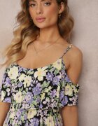 r&f fashion Rochie Maxi Violet-Galbenă din bumbac cu flori și volan Saranna
