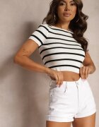 redseventy Pantaloni scurți Albi din denim talie înaltă cu efect Push-Up și tiv asimetric Zilisea