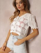 retro & icone Bluză Albă cu Mânecă Scurtă din Țesătură Brodată Rehana