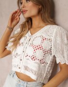 retro & icone Bluză Albă cu Mânecă Scurtă din Țesătură Brodată Rehana