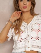 retro & icone Bluză Albă cu Mânecă Scurtă din Țesătură Brodată Rehana