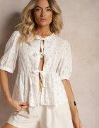retro & icone Bluză Bej din Bumbac cu Mânecă Scurtă și Legături Decorative în Față Rinsara