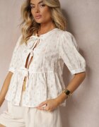 retro & icone Bluză Bej din Bumbac cu Mânecă Scurtă și Legături Decorative în Față Rinsara