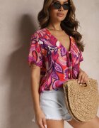 retro & icone Bluză Roz-Violet din Vâscoză cu Mânecă Scurtă și Legături Decorative Naloelia