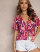 retro & icone Bluză Roz-Violet din Vâscoză cu Mânecă Scurtă și Legături Decorative Naloelia