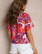 retro & icone Bluză Roz-Violet din Vâscoză cu Mânecă Scurtă și Legături Decorative Naloelia